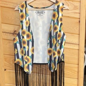 Black and White Striped Sunflower Vest with Long Fringe Size Medium.